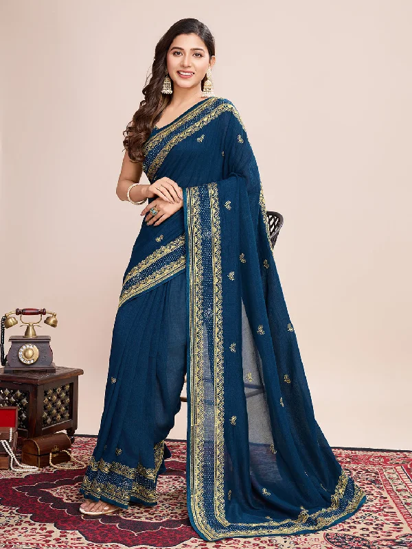 Women Party Wear Flower Embroidery Worked Vichitra Soft Silk Saree with Un Stitched Blouse Embellished Collar Blouse Women Party Wear Flower Embroidery Worked Vichitra Soft Silk Saree with Un Stitched Blouse Embellished Collar Blouse
