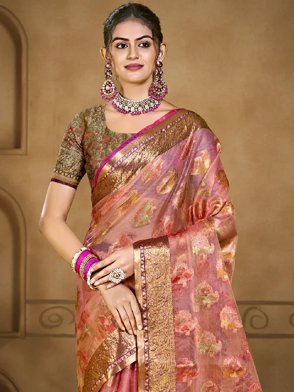Women Pink Organza Saree With Un Stitched Blouse Boho Printed Blouse