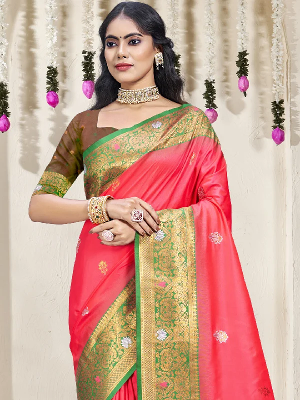 Women Pink Silk Saree With Un Stitched Blouse Peter Pan Blouse