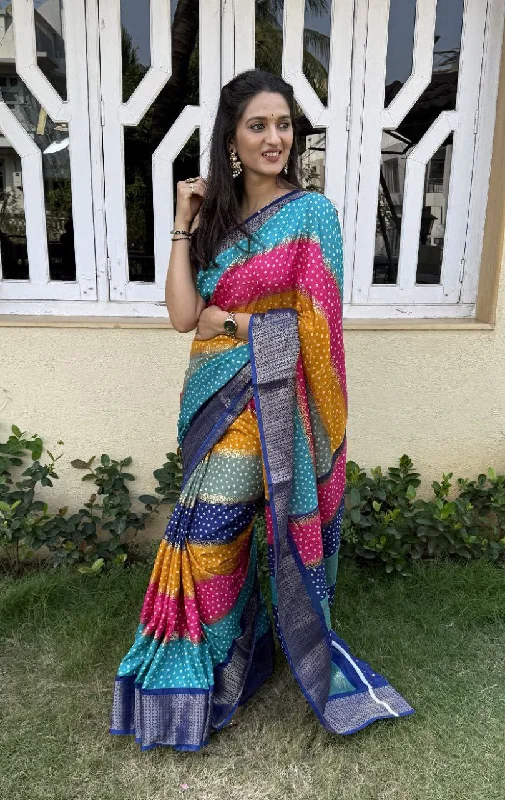 Women Party Wear Bandhej Leheriya Print Dhola Silk Saree with Un Stitched Blouse Playful Puff Blouse Women Party Wear Bandhej Leheriya Print Dhola Silk Saree with Un Stitched Blouse Playful Puff Blouse
