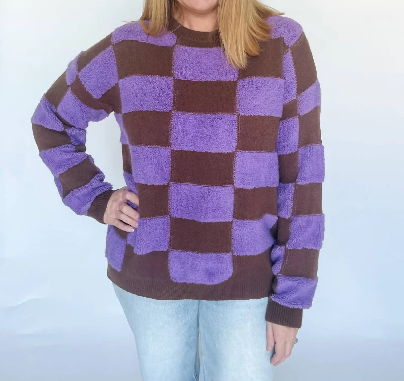 Old Faithful Checker Sweater In Brown And Purple Knit Fabric Woven Fabric Fleece Fabric Old Faithful Checker Sweater In Brown And Purple Knit Fabric Woven Fabric Fleece Fabric