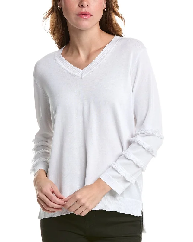 Edinburgh Knitwear Fringe V-Neck Sweater Cashmere Blend Cotton Blend Poly Blend