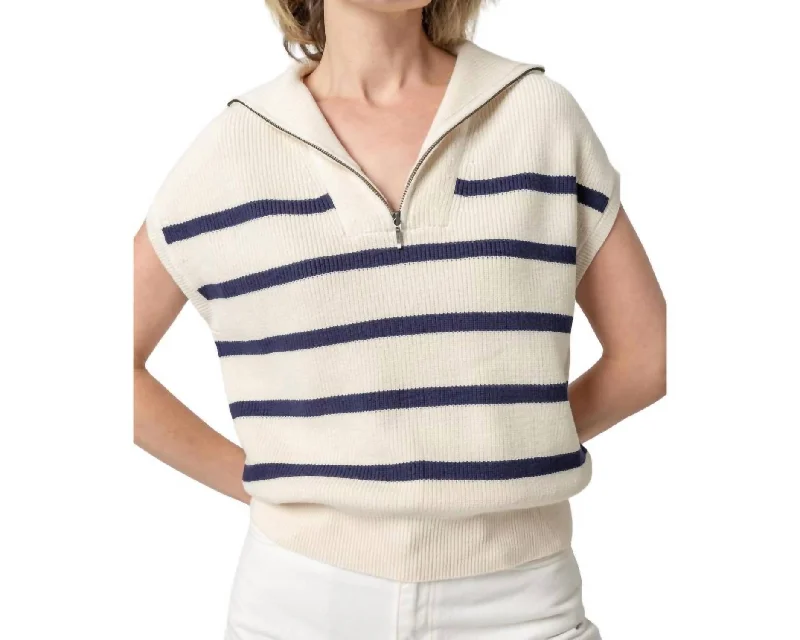 Half Zip Striped Sweater In White/navy Stripe Plaid Sweater Polka Dot Checkered
