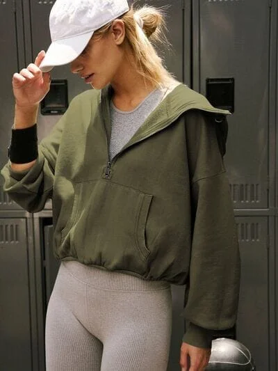 Half Zip Pocketed Dropped Shoulder Hoodie Hoodie with Drawstring Waist Adjustable Fitted Half Zip Pocketed Dropped Shoulder Hoodie Hoodie with Drawstring Waist Adjustable Fitted