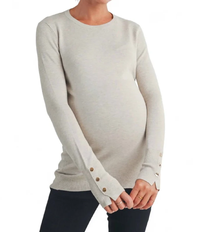 Solid Maternity Sweater Top With Sleeve Button In Camel Ribbed Striped Patterned