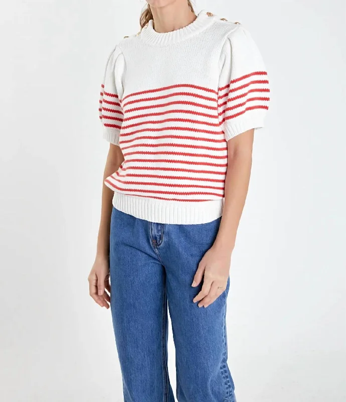 Stripe Puff Sleeve Sweater In Red Stripe Polka Dot Checkered Tartan