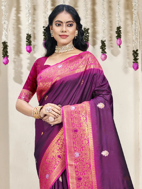 Women Wine Silk Saree With Un Stitched Blouse Cotton Casual Blouse