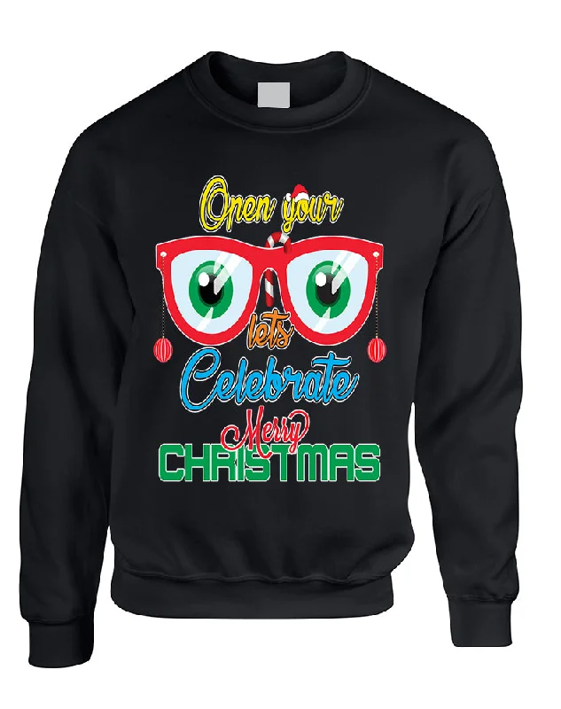 Adult Sweatshirt Open Your Eyes Lets Celebrate Cute Christmas Top Hoodie with Hem Detail Decorative Unique Adult Sweatshirt Open Your Eyes Lets Celebrate Cute Christmas Top Hoodie with Hem Detail Decorative Unique