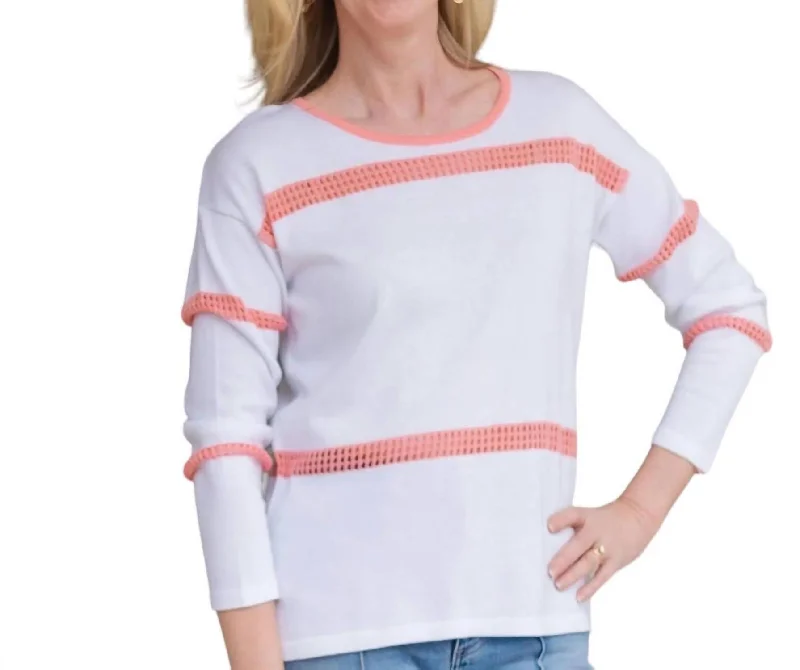 Striped Scoopneck Sweater In White/coral Stretchy Elastic Breathable