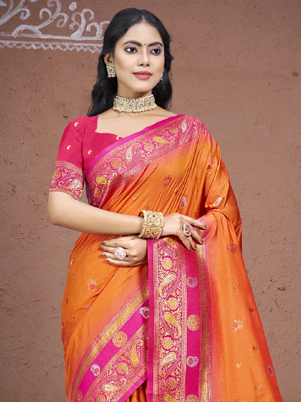 Women Orange Silk Saree With Un Stitched Blouse Elegant Lace Blouse