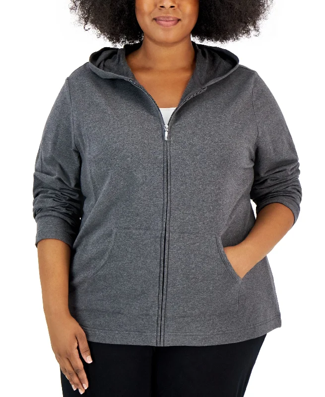 Karen Scott Plus Size Zip Up Hoodie Hoodie with Puffed Sleeves Voluminous Trendy