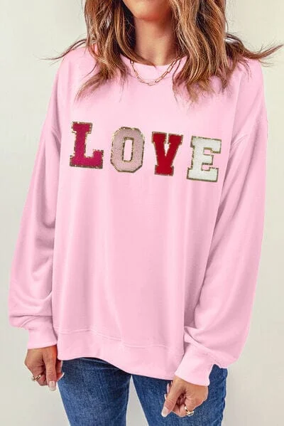 LOVE Patch Round Neck Dropped Shoulder Sweatshirt Hoodie with Puffed Sleeves Voluminous Trendy LOVE Patch Round Neck Dropped Shoulder Sweatshirt Hoodie with Puffed Sleeves Voluminous Trendy