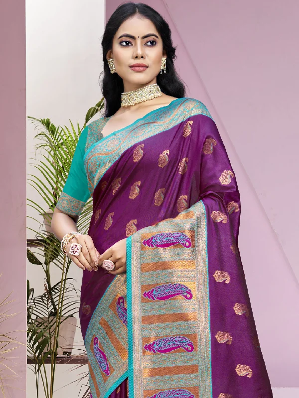 Women Wine Silk Saree With Un Stitched Blouse Semi-Sheer Blouse