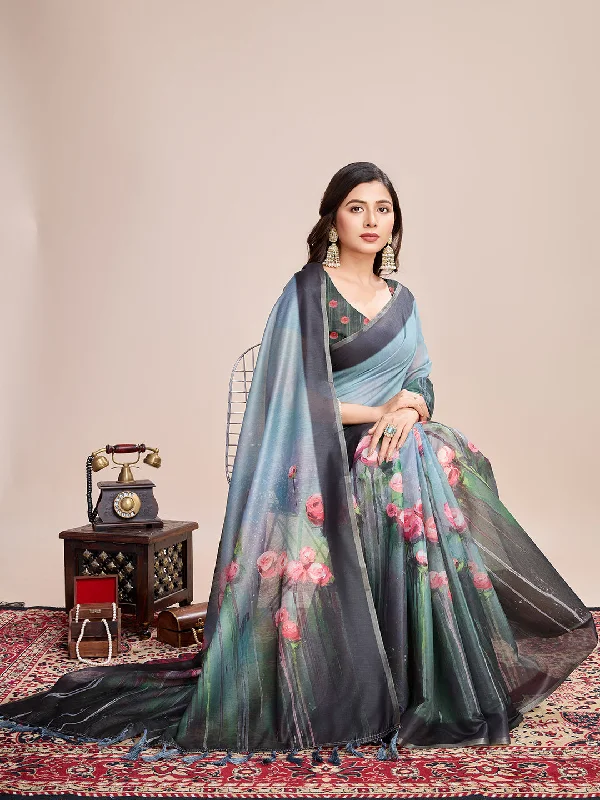Women Party Wear Flower Printed Semi Linen Saree with Un Stitched Blouse Feminine Ruffle Blouse Women Party Wear Flower Printed Semi Linen Saree with Un Stitched Blouse Feminine Ruffle Blouse