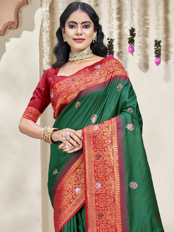 Women Bottle Green Silk Saree With Un Stitched Blouse Slim Fit Blouse