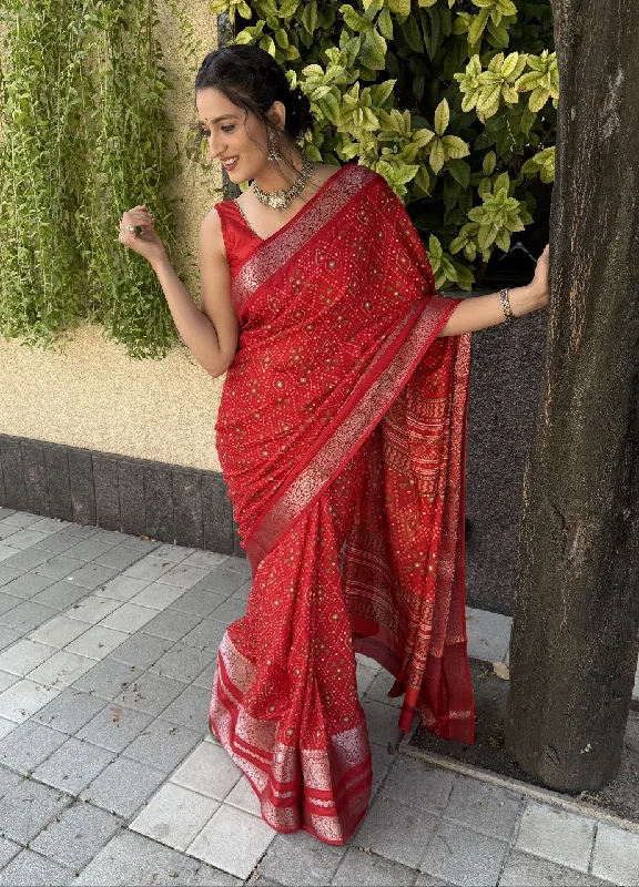 Women Party Wear Bandhej Print Dhola Silk Saree with Un Stitched Blouse Boho Printed Blouse Women Party Wear Bandhej Print Dhola Silk Saree with Un Stitched Blouse Boho Printed Blouse