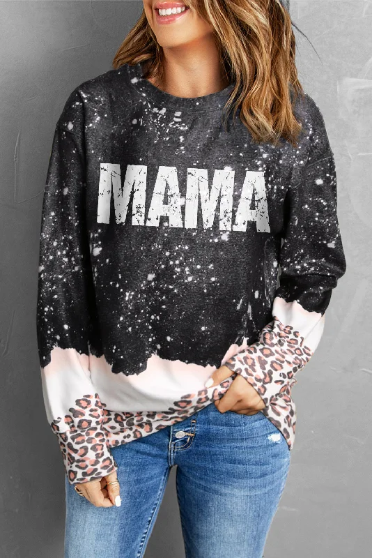 MAMA Leopard Color Block Round Neck Sweatshirt Hoodie with Sequins Glamorous Eye-catching MAMA Leopard Color Block Round Neck Sweatshirt Hoodie with Sequins Glamorous Eye-catching