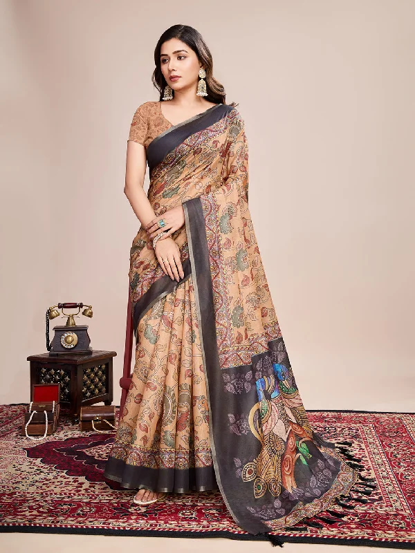 Women Party Wear Flower Printed Semi Linen Saree with Un Stitched Blouse Delicate Pleat Blouse Women Party Wear Flower Printed Semi Linen Saree with Un Stitched Blouse Delicate Pleat Blouse