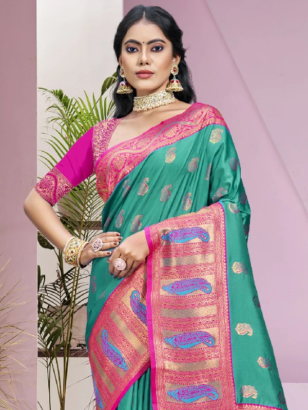 Women Teal Green Silk Saree With Un Stitched Blouse Double-Layered Blouse