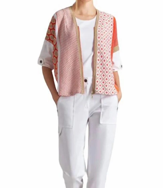 Printed Zip Up Sweater In Orange Satin Blend Silk Blend Wool Blend