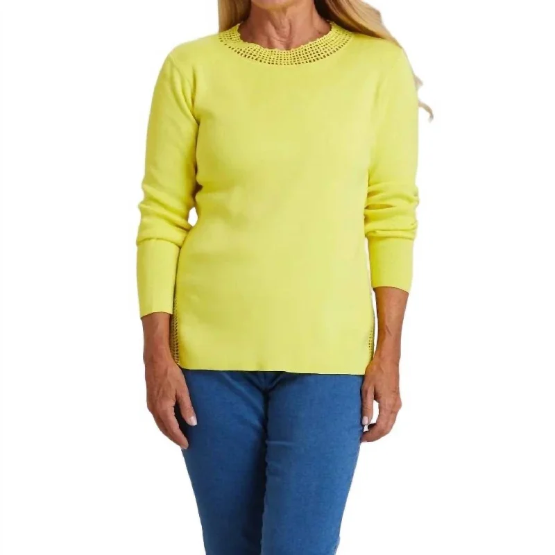 Crochet Crewneck Sweater In Lemon Herringbone Houndstooth Plaid