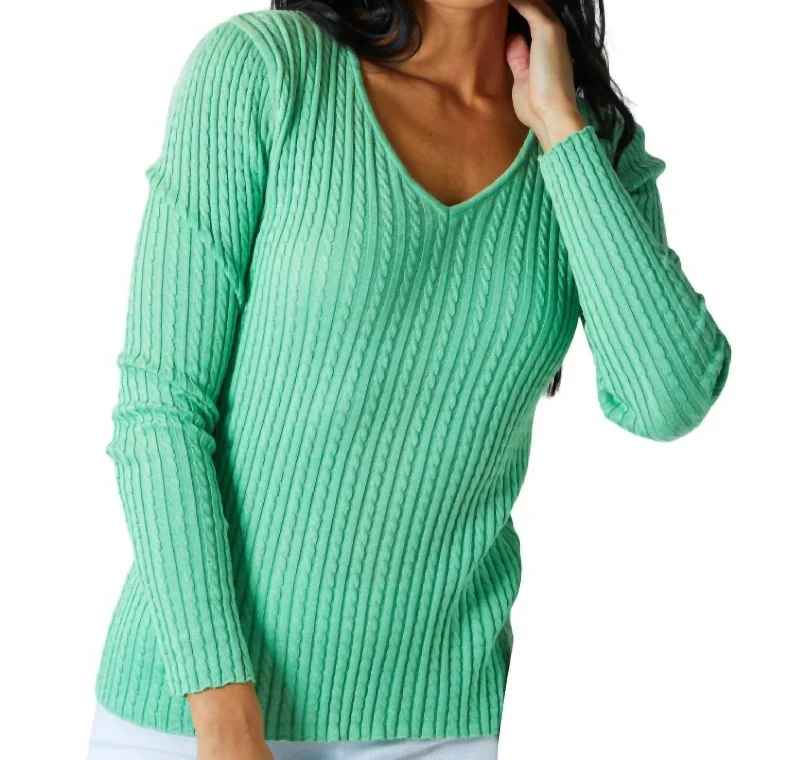 Braided V-Neck Sweater In Green Collared Crew Neck Turtle Neck