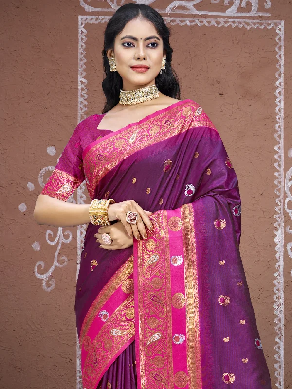Women Wine Silk Saree With Un Stitched Blouse Vintage Polka Blouse