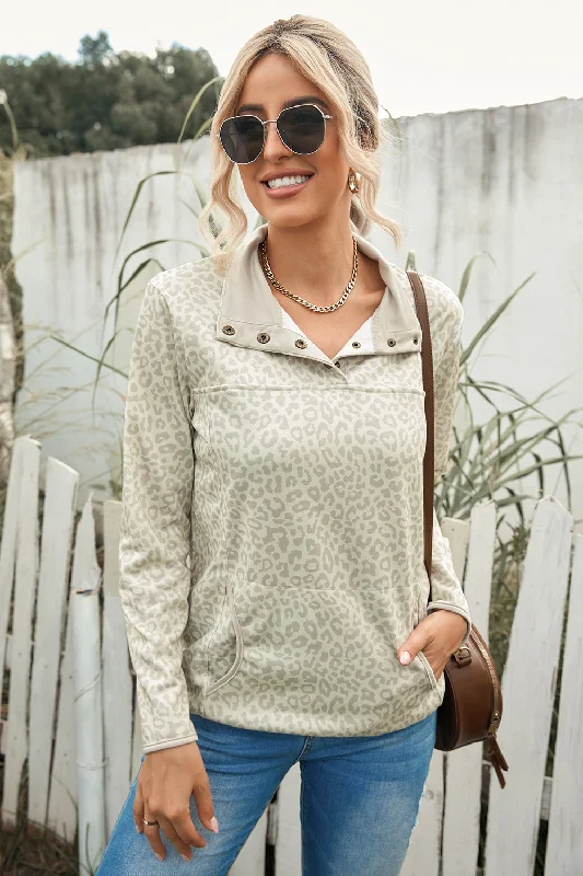 Leopard Print Snap Front Sweatshirt Hoodie with Drawstring Waist Adjustable Fitted