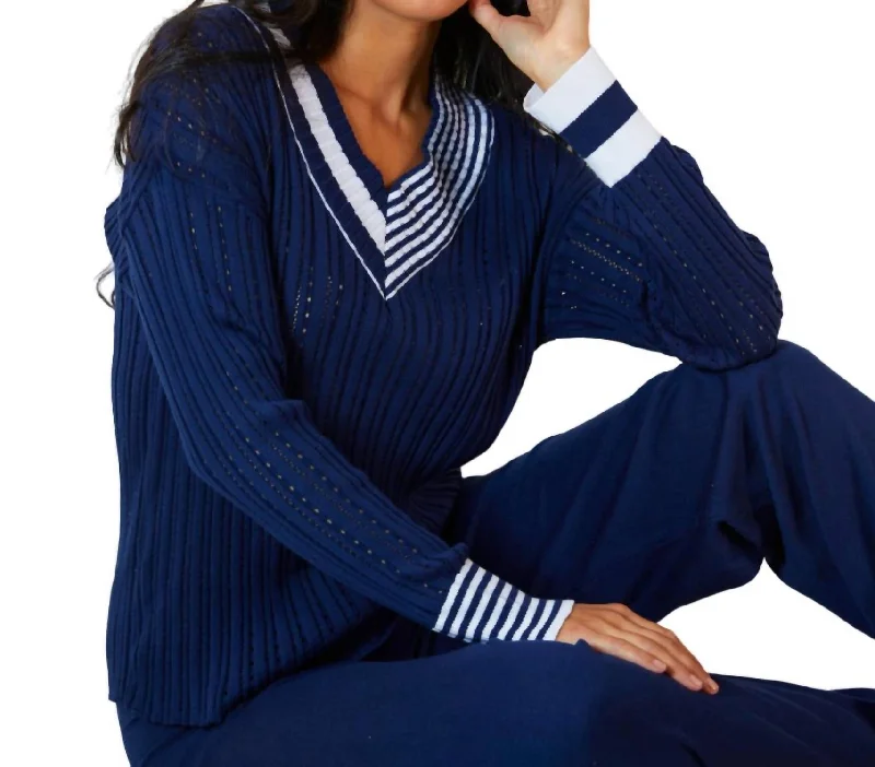 Braided V-Neck Sweater In Navy/white Casual Formal Business