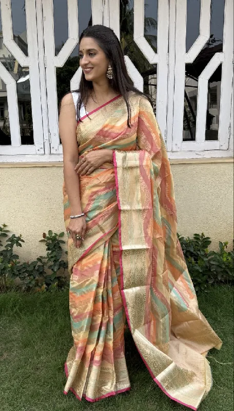 Women Party Wear Jari Weaving Leheriya Pattern Fancy Silk Saree with Un Stitched Blouse Elegant Peplum Blouse Women Party Wear Jari Weaving Leheriya Pattern Fancy Silk Saree with Un Stitched Blouse Elegant Peplum Blouse