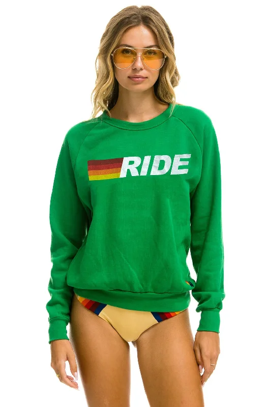 RIDE LOGO WHITE CREW SWEATSHIRT - KELLY GREEN Hoodie with Tied Waist Feminine Flattering RIDE LOGO WHITE CREW SWEATSHIRT - KELLY GREEN Hoodie with Tied Waist Feminine Flattering