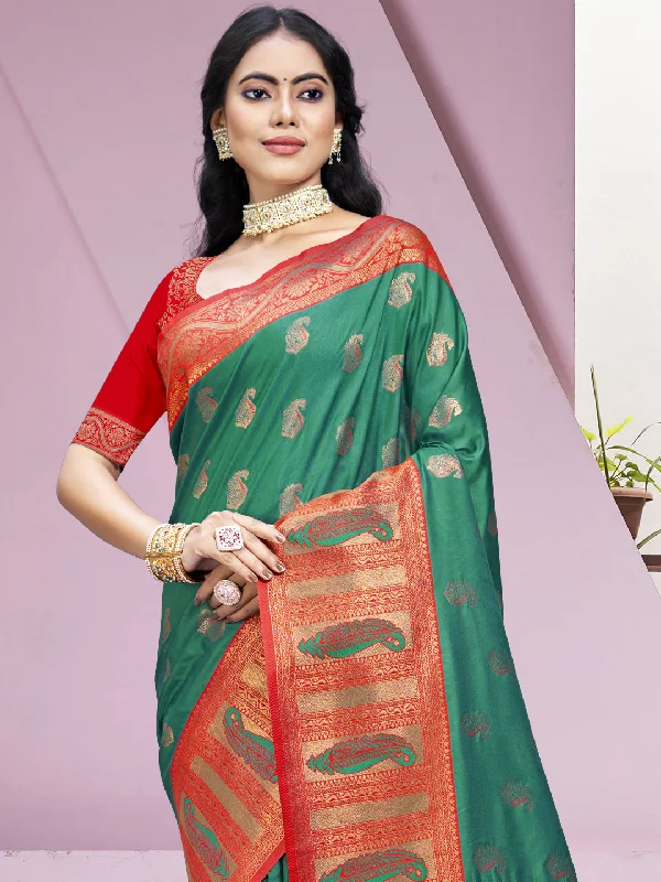 Women Green Silk Saree With Un Stitched Blouse Elegant Office Blouse