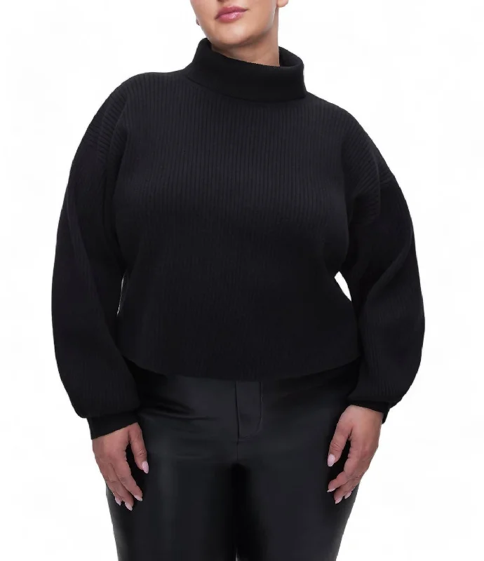Ribbed Mock Neck Sweater In Black Terry Terry Cloth Terry Knit