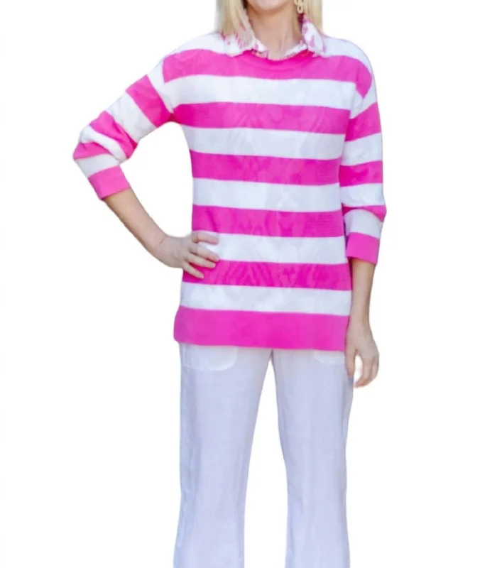 Striped Crew Sweater In Pink Cashmere Blend Cotton Blend Poly Blend