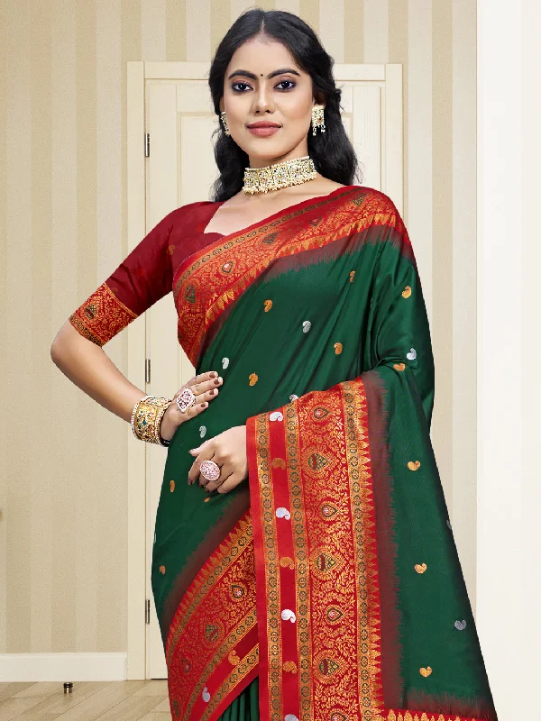 Women Bottle Green Silk Saree With Un Stitched Blouse Loose Fit Blouse