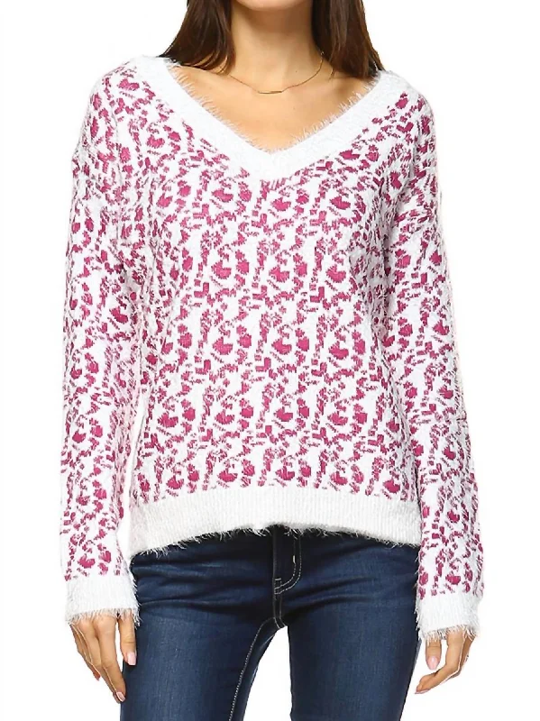 Women's Leopard Sweater In Fuchsia Silk Blend Satin Velvet