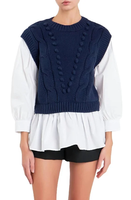 Mix Media Cable Sweater In Navy/white Thin Thick Dense