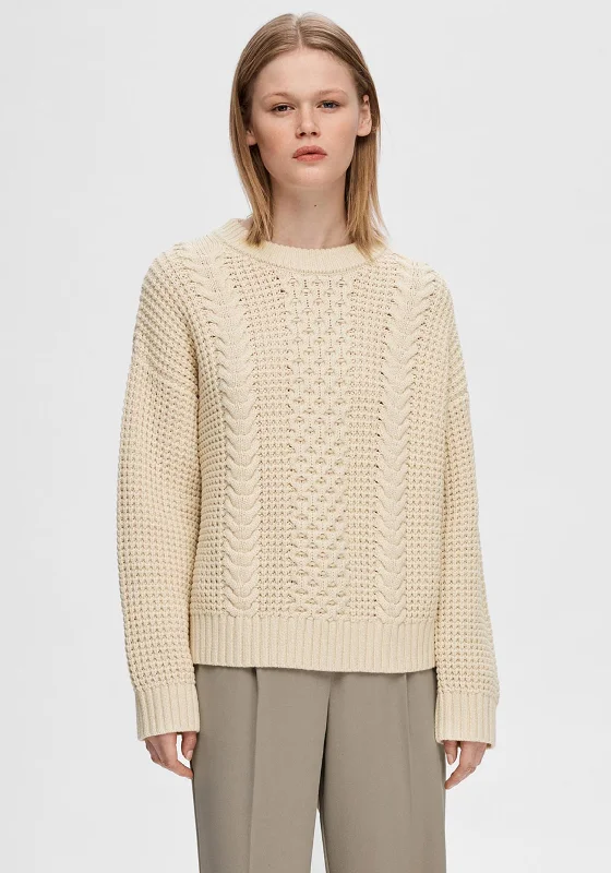 Selected Femme Brianne Chunky Cable Knit Sweater, Birch Hooded Sweater Collared Sweater Shawl Collar