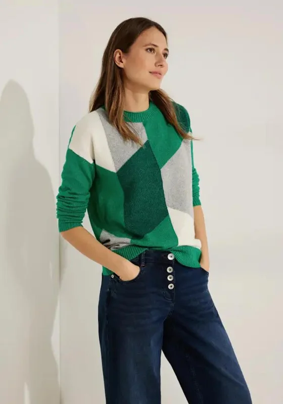 Cecil Graphic Print Knitted Sweater, Bright Green Melange Neon Metallic Matte