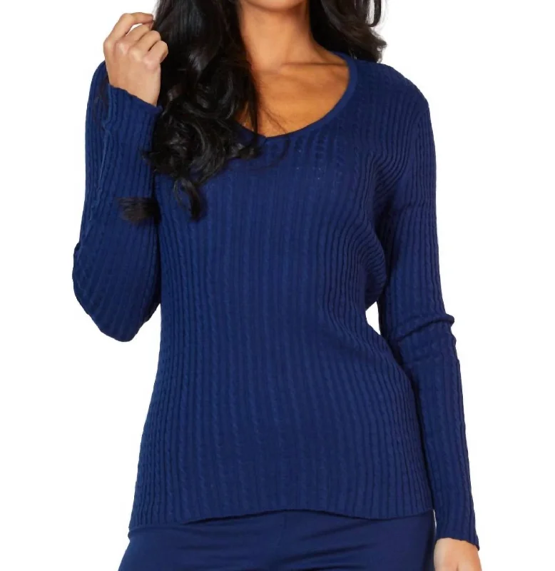 Braided V-Neck Sweater In Navy Satin Blend Silk Blend Wool Blend