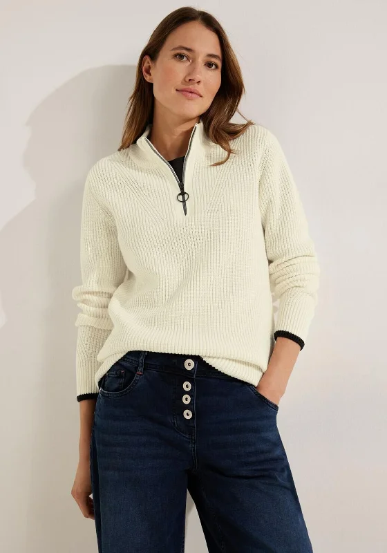 Cecil Half Zip Knitted Sweater, Raw Sand Beige Oversized Loose Flowy