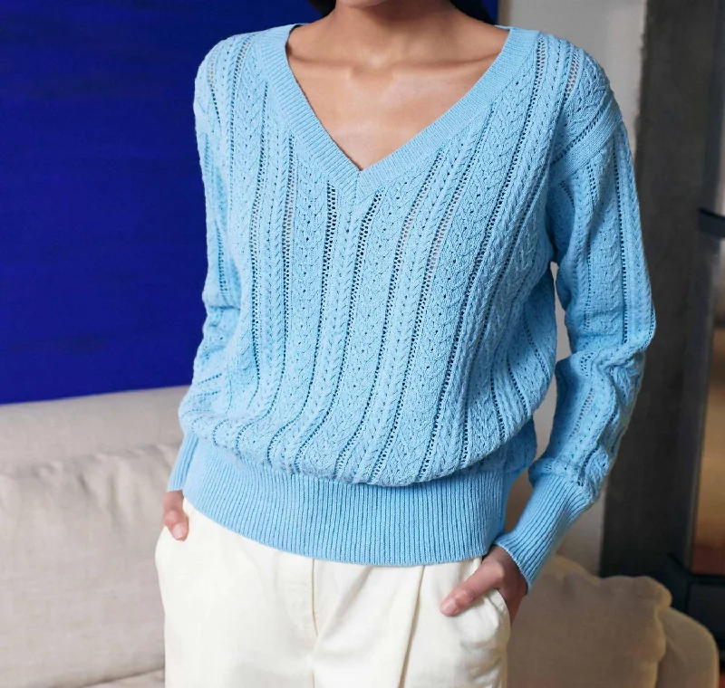 Recycled Cotton Open Cable V-Neck Sweater In Sky Blue High Neck Crew Neck V-Neck