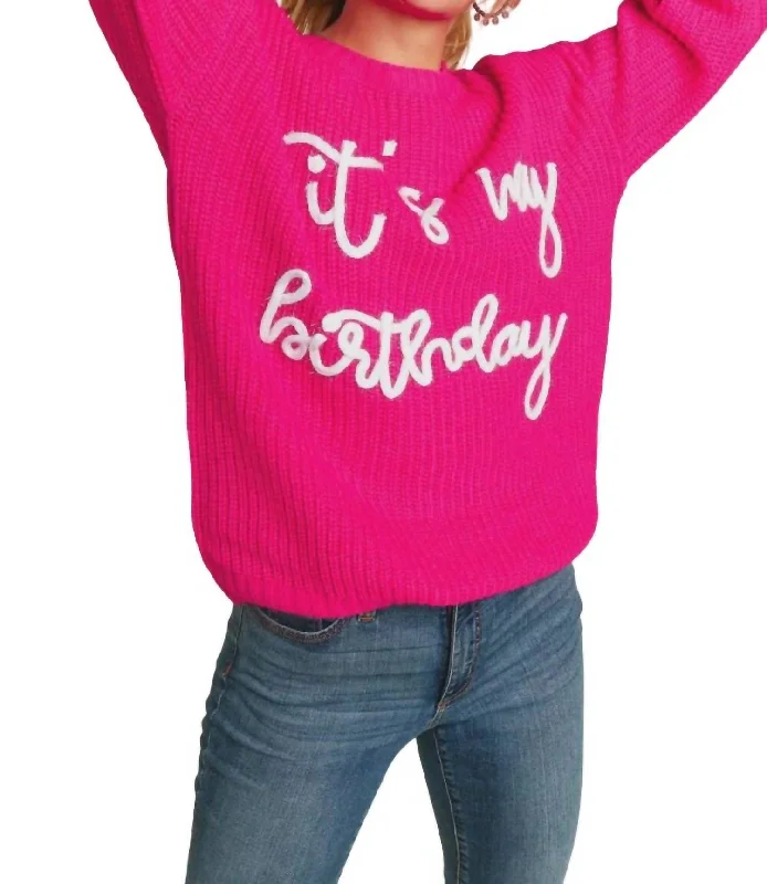 It's My Birthday Knit Sweater In Fuchsia Iron Safe Non-Iron Wrinkle Free