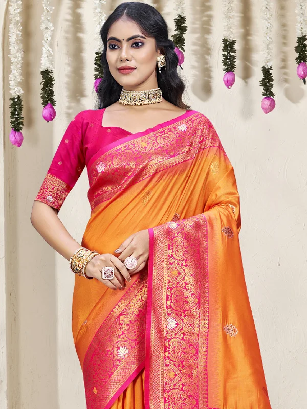 Women Orange Silk Saree With Un Stitched Blouse Satin Long Blouse