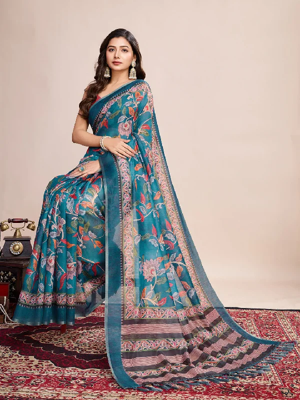 Women Party Wear Flower Printed Semi Linen Saree with Un Stitched Blouse Casual Relaxed Blouse Women Party Wear Flower Printed Semi Linen Saree with Un Stitched Blouse Casual Relaxed Blouse