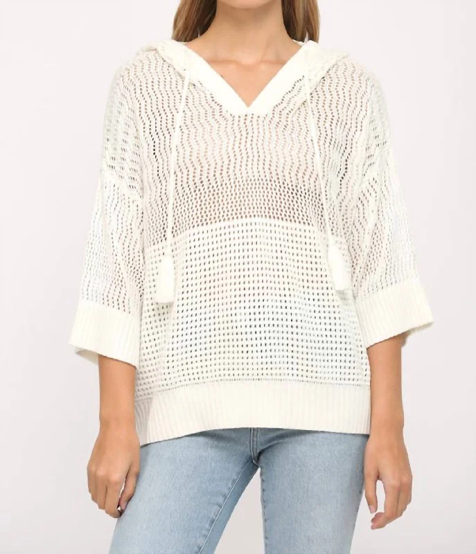 Tassel Tie V-Neck Open Weave Hooded Sweater In Off White Hooded Caped Shawl Collar