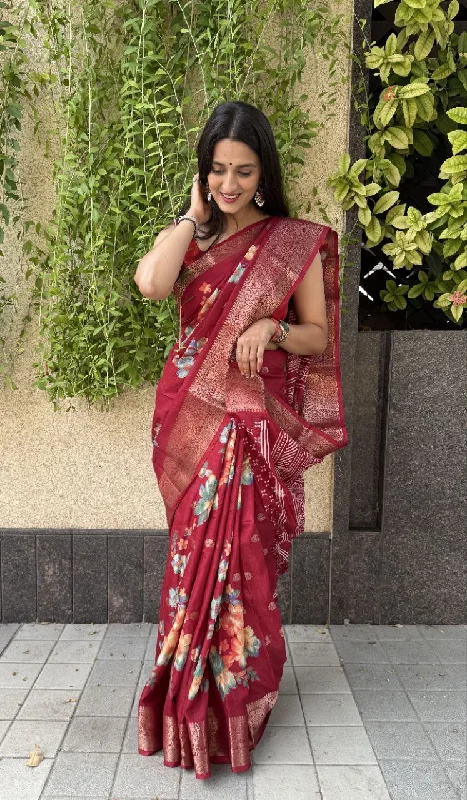 Women Party Wear Jeaquard Butti Dhola silk Saree with Un Stitched Blouse Floral Print Blouse Women Party Wear Jeaquard Butti Dhola silk Saree with Un Stitched Blouse Floral Print Blouse