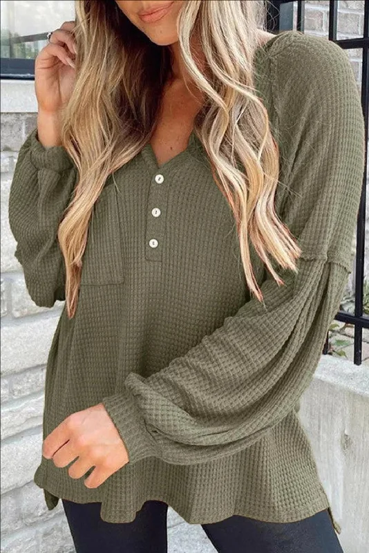 Puff Sleeve Side Slit Buttoned Waffle Knit Hoodie Hoodie with Emblem Brand Identity