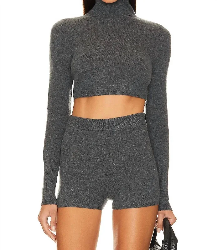 Brie Cropped Sweater In Charcoal Melange Stretchy Elastic Breathable