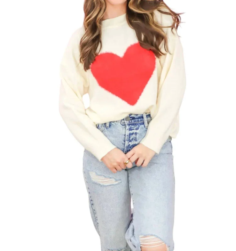 Missing You Long Sleeve Sweater In White/red Houndstooth Herringbone Solid